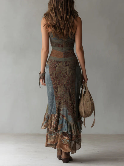 Elena | Abito maxi Stampa con Monospalla e Spacco Ruffle