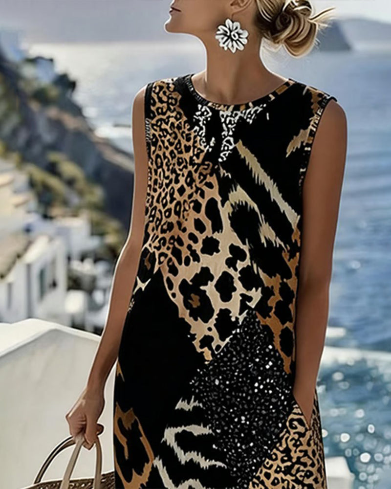 Abito Senza maniche Lunghe di Stampa di Leopardo in Patchwork