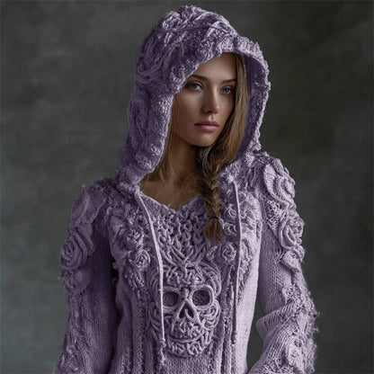 Maglione in maglia caldo e morbido con cappuccio di teschio celtico vichinga e rose blancas vintage