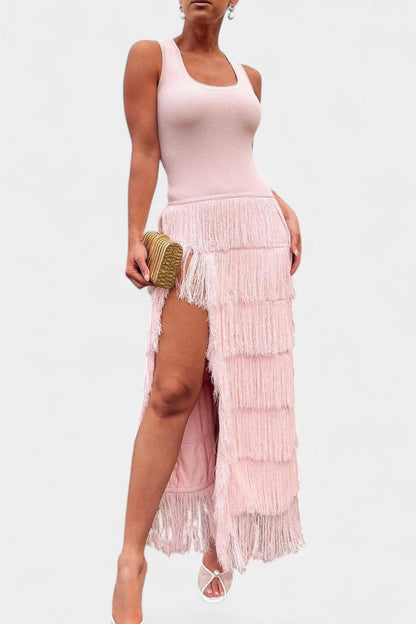 Kalani Abito maxi con Frange in Capas e Spacco laterale