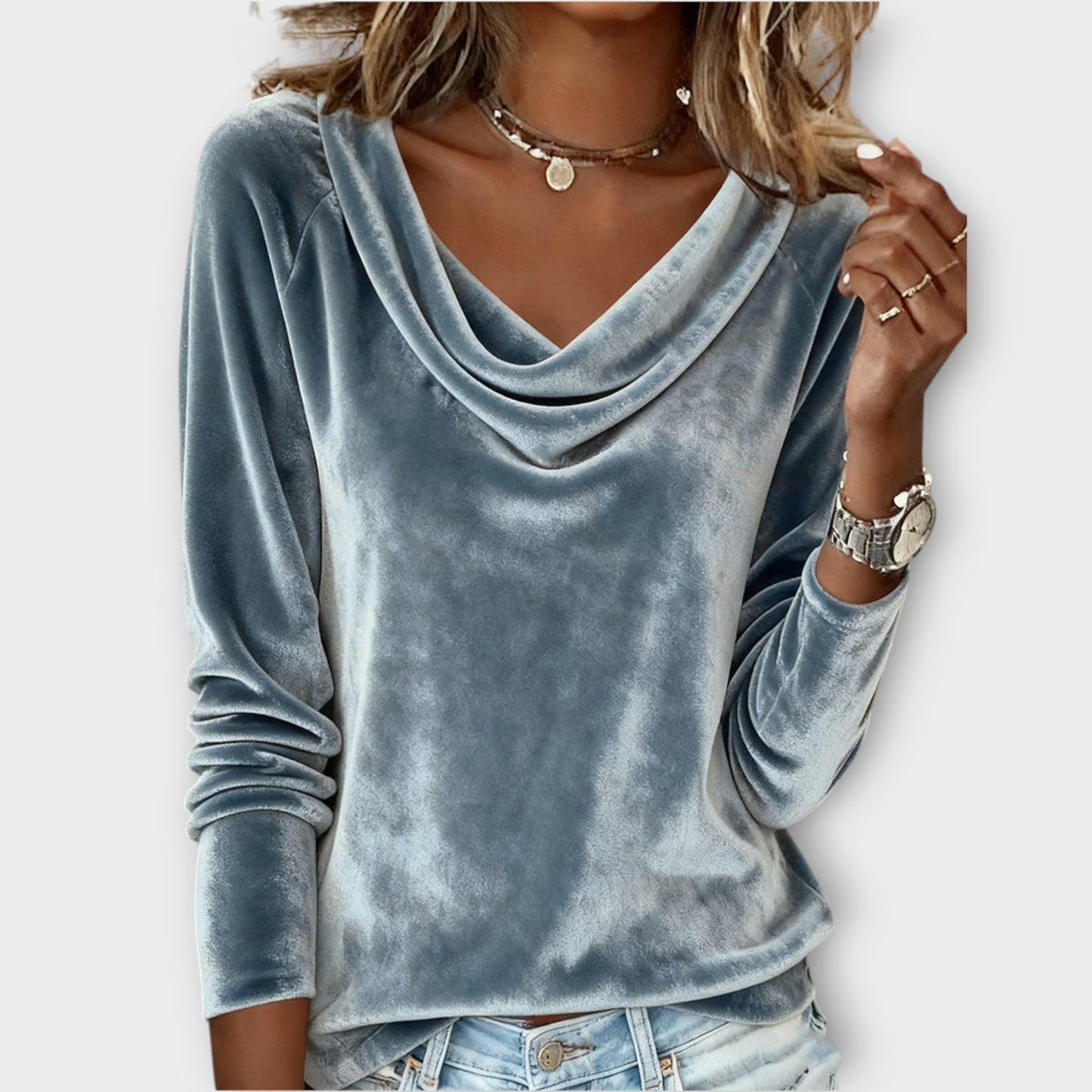 Top largo con scollo drappeggiato in terciopelo