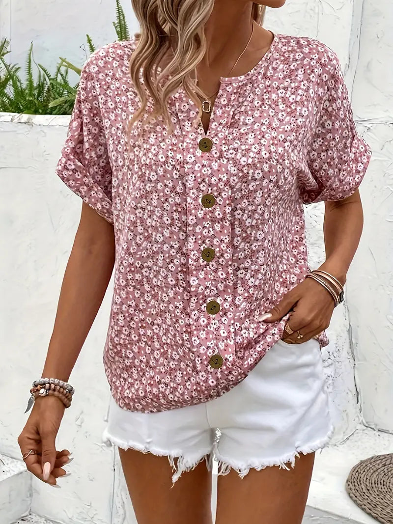 Cindy™ | Blusa di Colore con Collo Notched di Impressione Floreale
