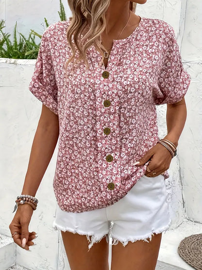 Cindy™ | Blusa di Colore con Collo Notched di Impressione Floreale