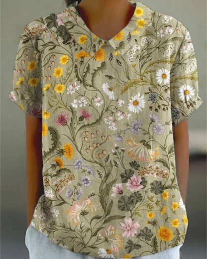 Beatrix - Camicia di Cotone-Lino con Fiori Retrò