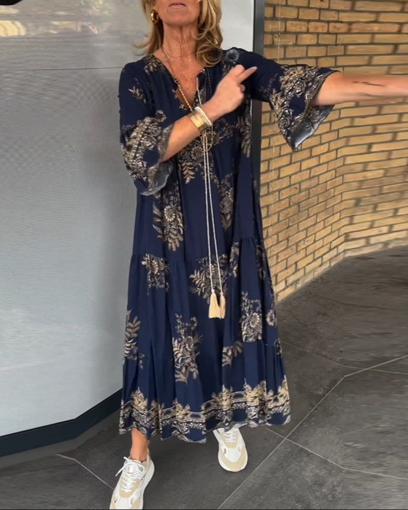TOVE – ABITO LUNGO DI SETA CON SCOLLO A V BLU NAVY PER DONNE
