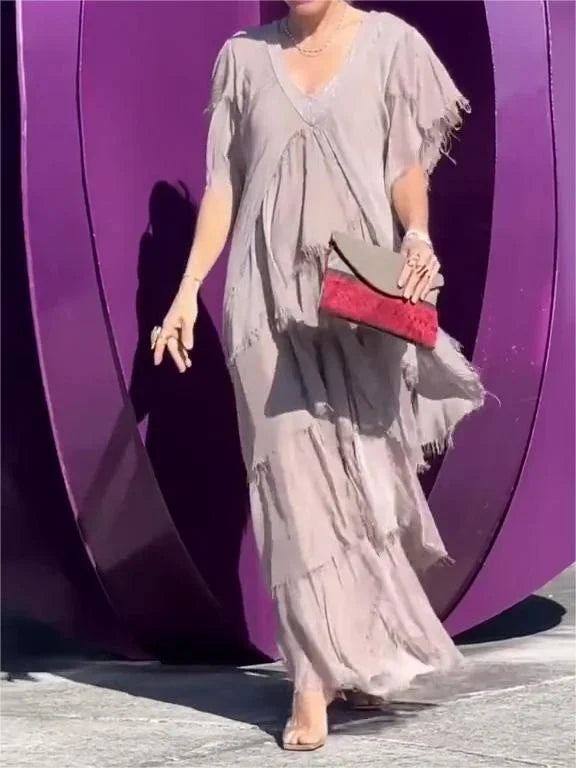 Abito maxi Elegante Collo a V e Maniche Fruncidas