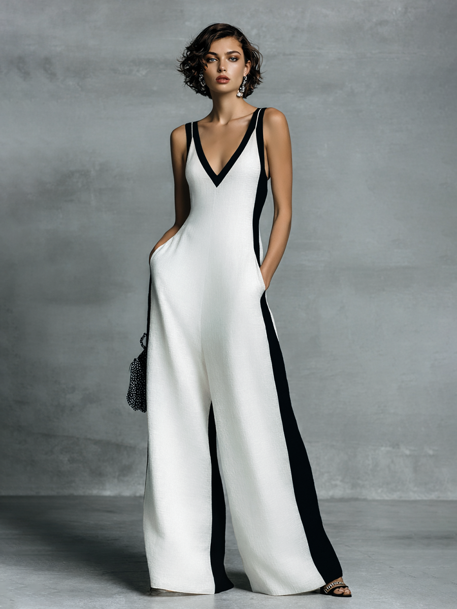Salopette donna in Cotone e lino Nero e Bianco con Spalline Finos