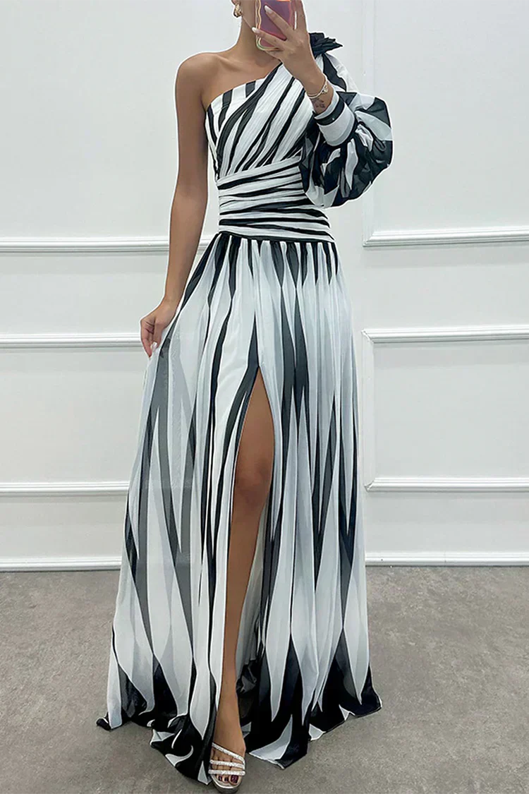 Shiloh - Abito maxi Elegante di Righe con Un Spalla