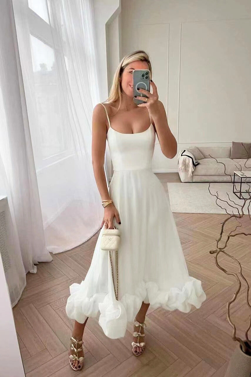 Abito Maxi da donna con Spalline di Espagueti, Gonna Acampanada e Dobladillo con Volant