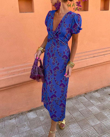 Aria™ - Elegante Abito maxi con Scollo a V e Motivo di Foglie