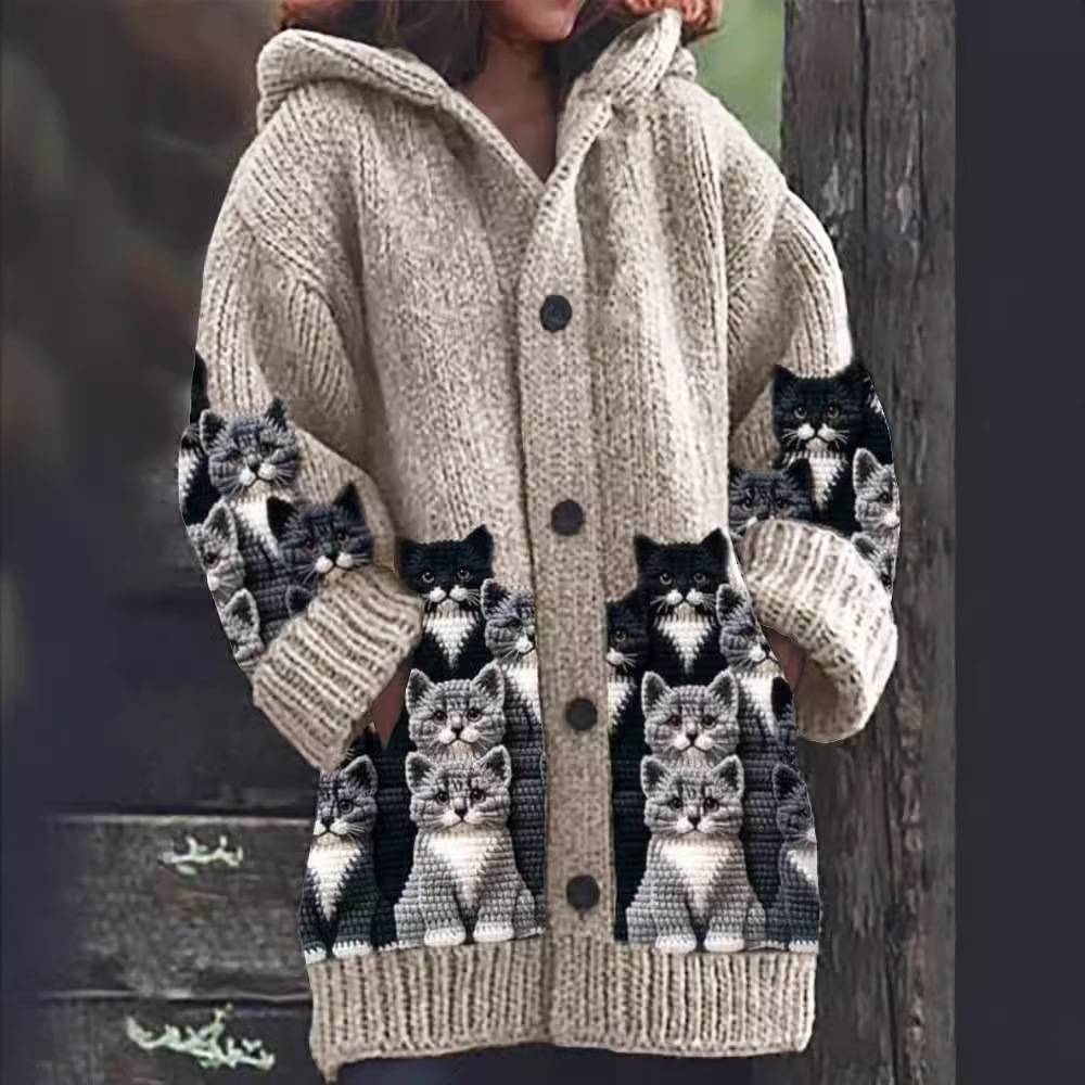 Jasmin - Cardigan in maglia caldo e morbido con motivo di gato