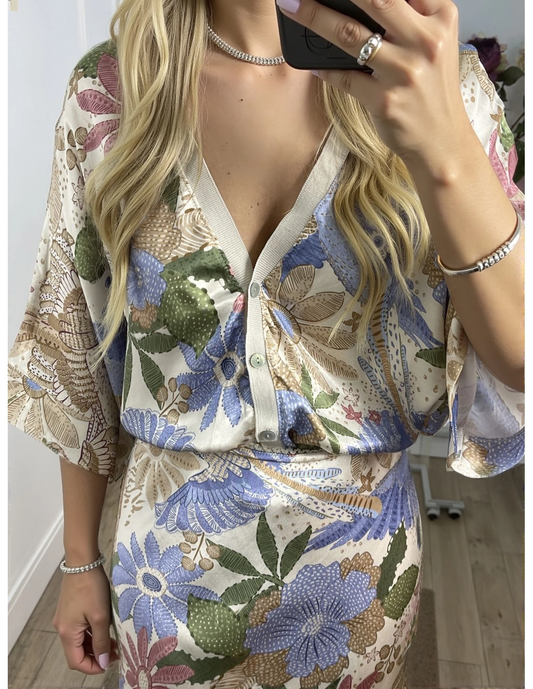 Elegante Camicia Off-shoulder di Satin con Stampa Floreale
