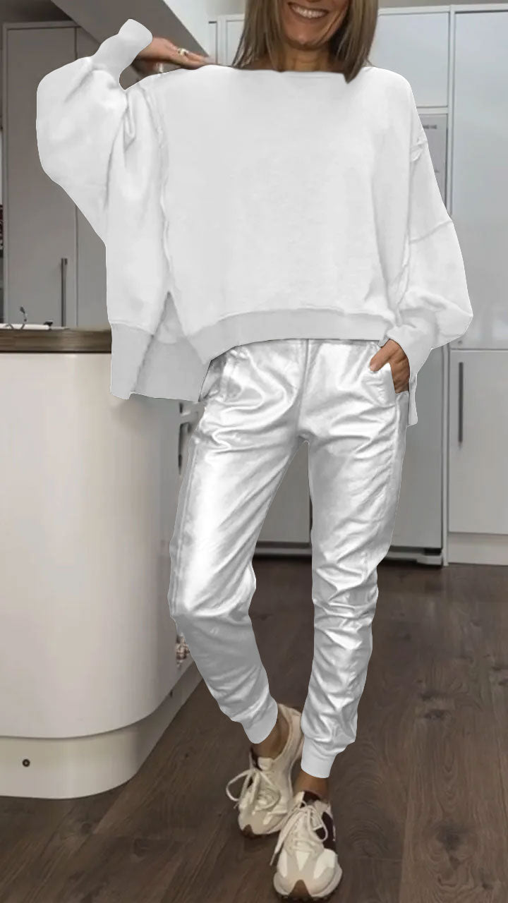 Top Casual di Collo rotondo per Donna + Pantaloni di Cuero