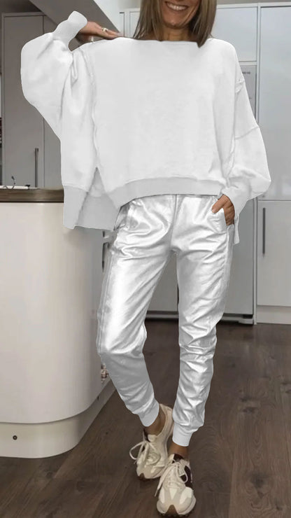 Top Casual di Collo rotondo per Donna + Pantaloni di Cuero