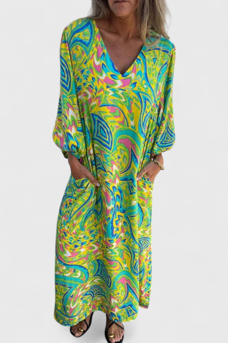 Carmina Abito maxi Boho con scollo a V e Stampa Abstracto