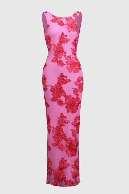 Calliope - Abito maxi in rete con applicazioni floreali