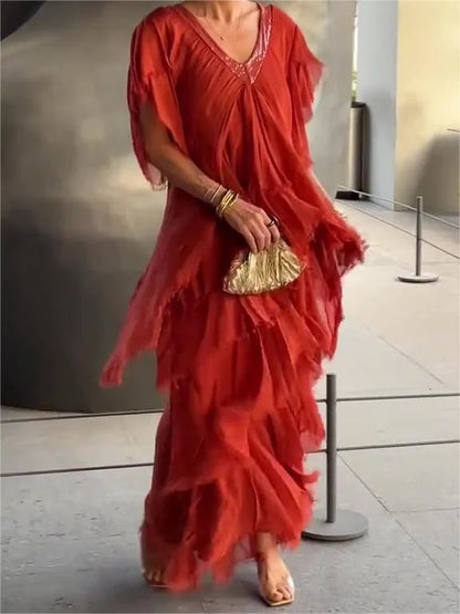 Abito maxi Elegante Collo a V e Maniche Fruncidas