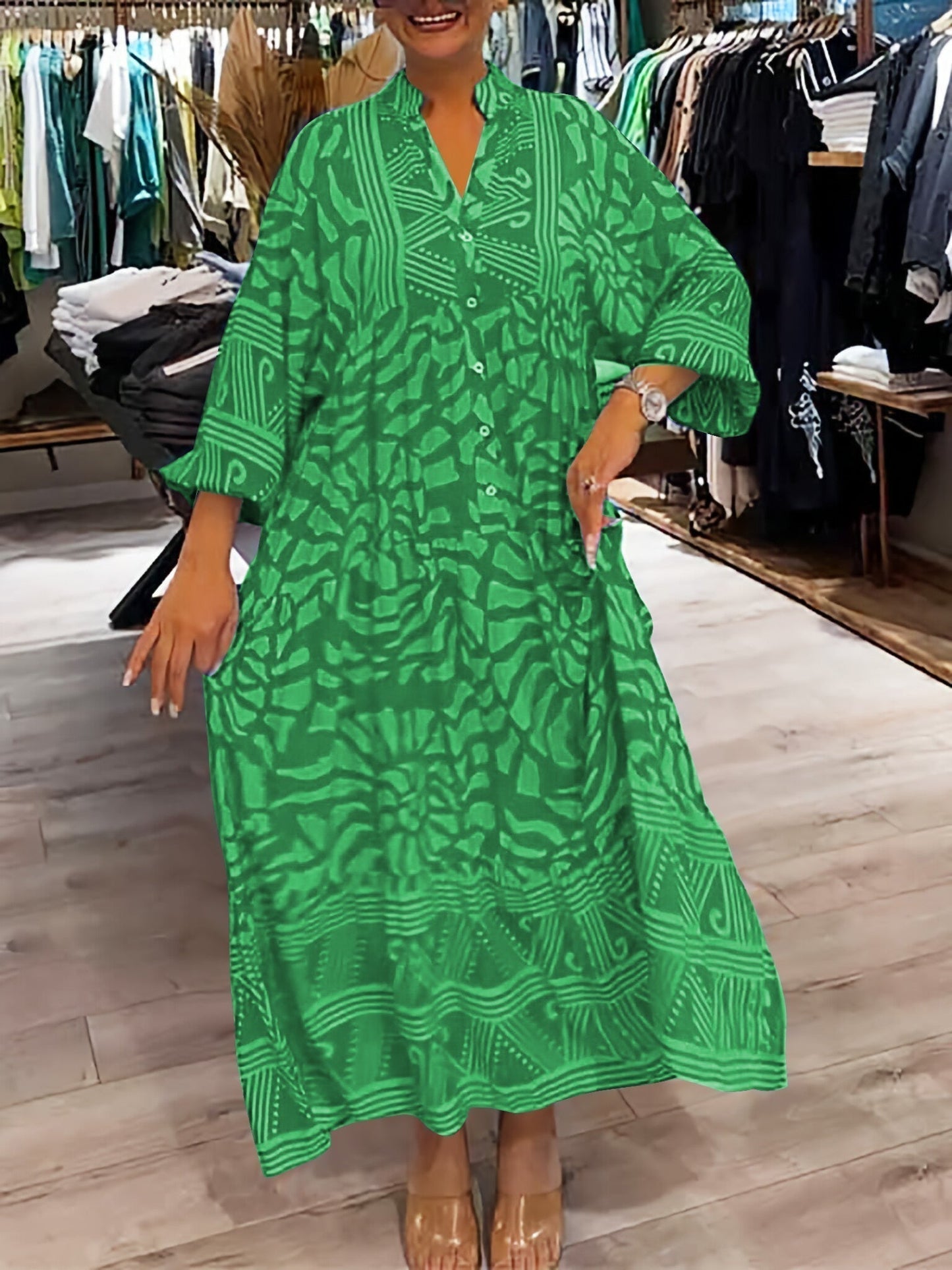 Elka™ - Abito Morbido Stampato con scollo a V da donna