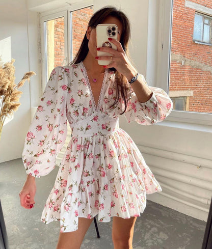 Mini Abito Floreale da donna con Maniche lunghe Abullonadas e Scollo a V