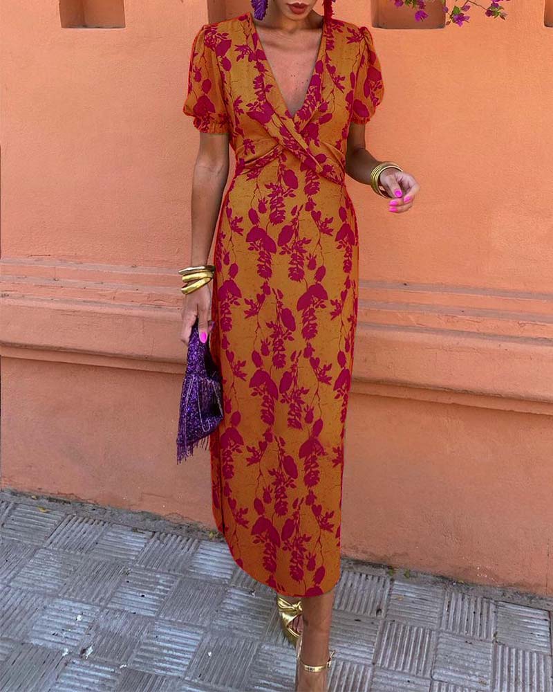 Aria™ - Elegante Abito maxi con Scollo a V e Motivo di Foglie