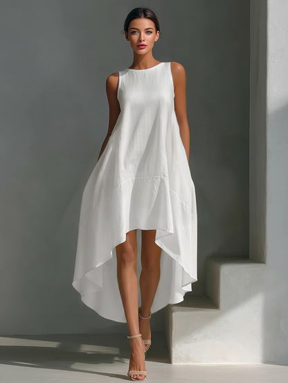 Abito midi Senza maniche in lino Bianco per donna con Collo rotondo e Orlo asimmetrico