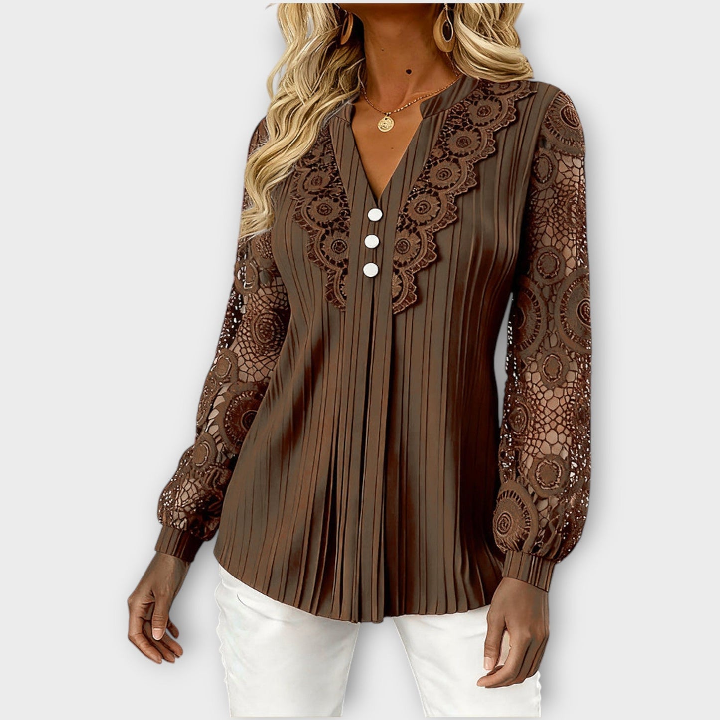 Blusa plissettata con Maniche di Pizzo Elegante
