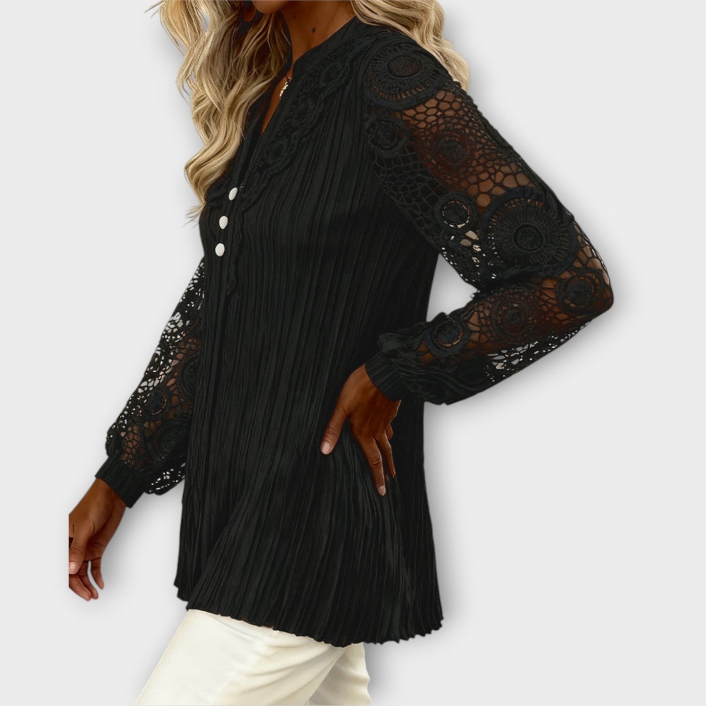 Blusa plissettata con Maniche di Pizzo Elegante