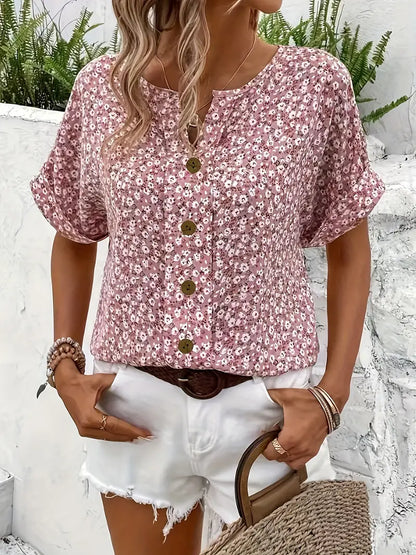 Cindy™ | Blusa di Colore con Collo Notched di Impressione Floreale