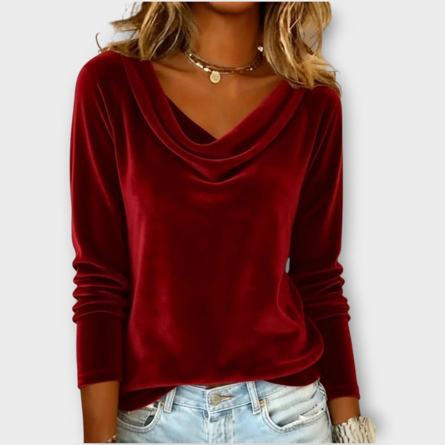 Top largo con scollo drappeggiato in terciopelo