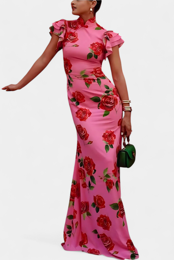 Mayra Abito Qipao con Stampa di Rosas Elegante