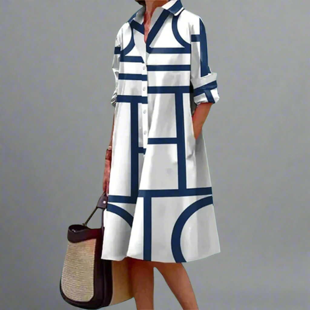 Cosima - Elegante abito midi di righe geométricas azules