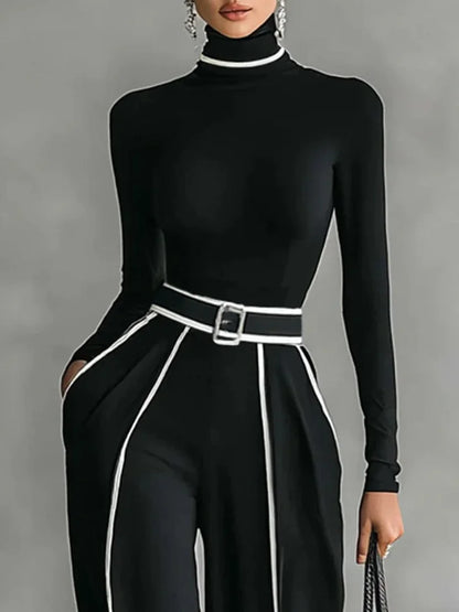 Set di Top a maniche lunghe e Collo alto con Ribete Bianco, Pantaloni a gamba larga e Cintura