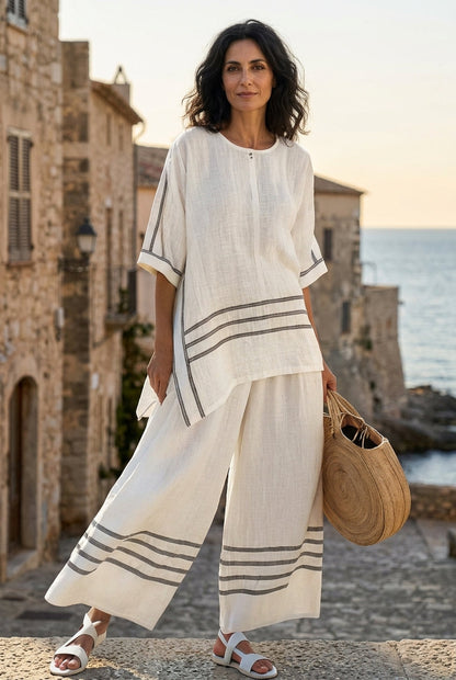 Set Chic a Righe - Pantalone lungo e Blusa Asimmetrica per Donna