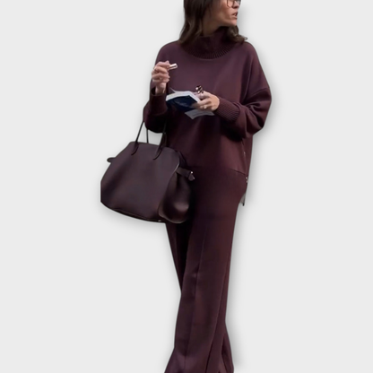 Completo di Maglione Rilassato con Collo Alto e Pantalones di Pierna Ancha