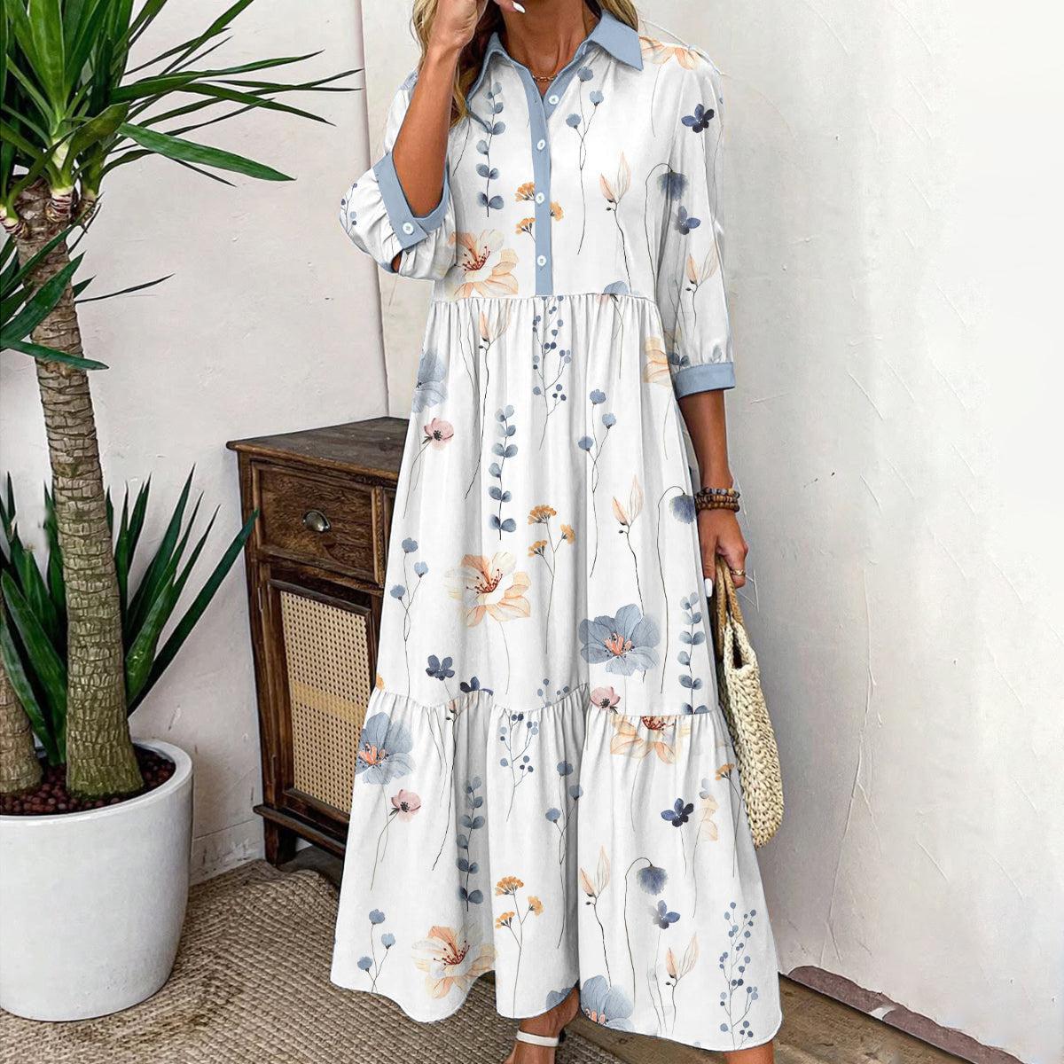 Elvienne | Abito Maxi Fresco con Stampato e Collo