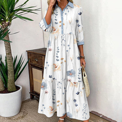 Elvienne | Abito Maxi Fresco con Stampato e Collo