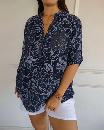 Blusa Stampata Abotonada con collo a V