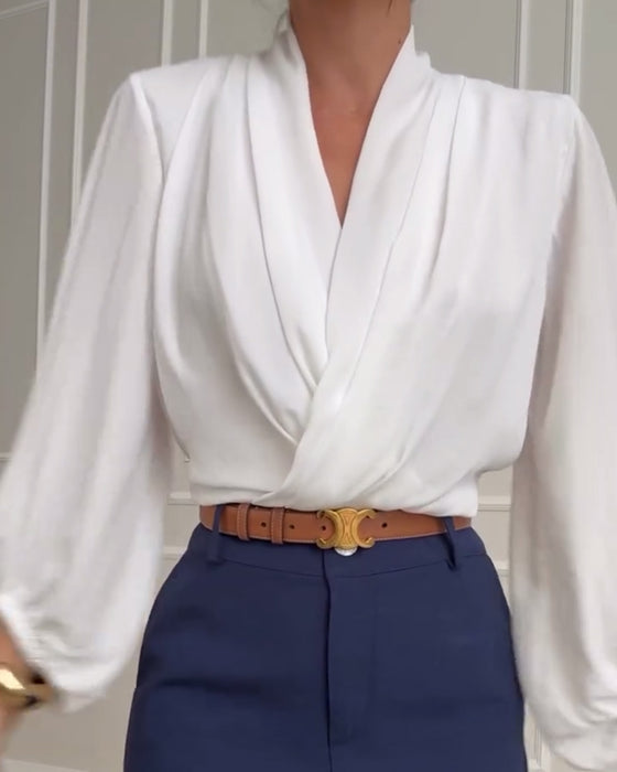 Blusa a maniche lunghe con collo a V di Tinta unita