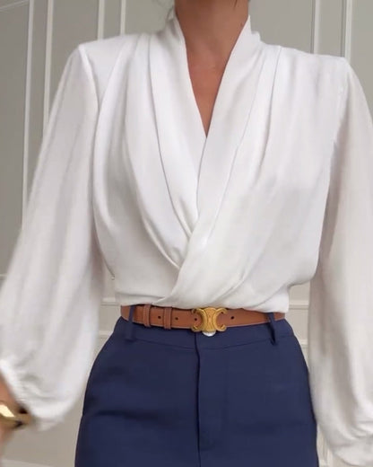 Blusa a maniche lunghe con collo a V di Tinta unita