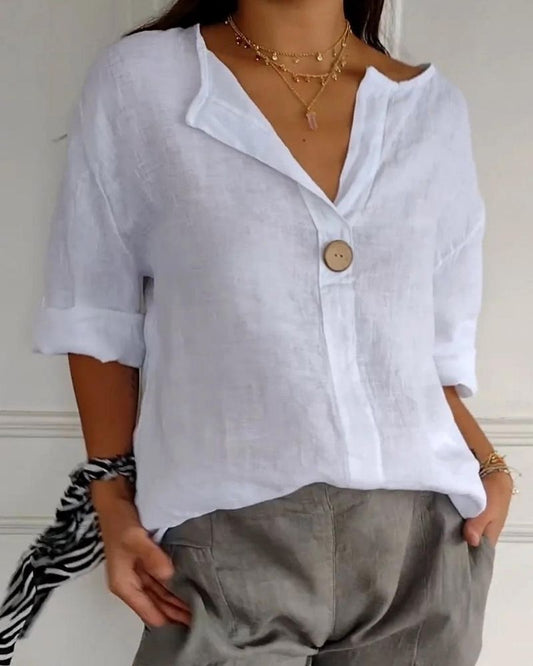 ARAI - Top in cotone e lino con scollo a V e Bottoni