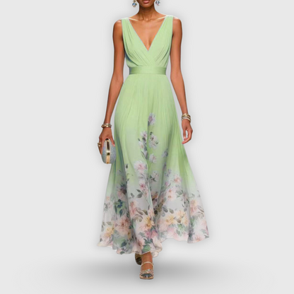 AZZURRO – ABITO MAXI CON SCOLLO A V FLOREALE