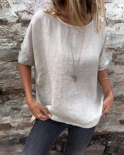 Dahlia - Maglietta casual in cotone e lino con Collo rotondo