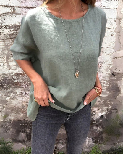 Dahlia - Maglietta casual in cotone e lino con Collo rotondo