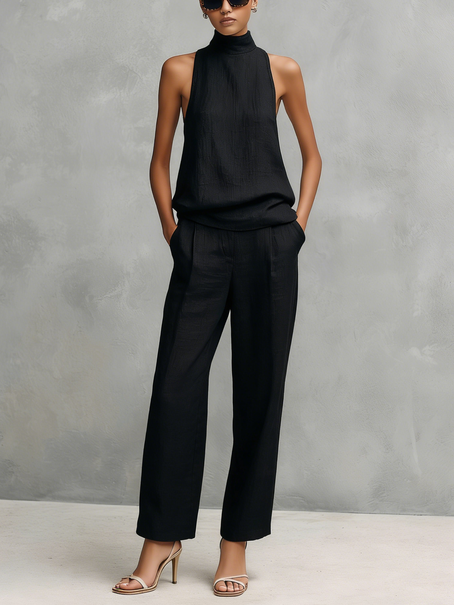 Completo con top senza maniche e Pantaloni Elegantes in cotone e Lino Nero per donna