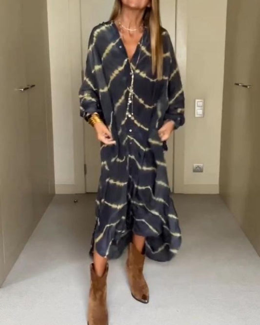 BOMEA - Abito Lungo di Maniche lunghe con Righe Boho