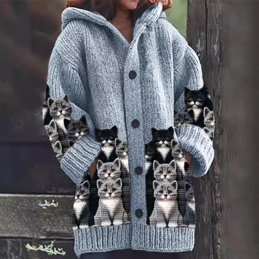 Jasmin - Cardigan in maglia caldo e morbido con motivo di gato