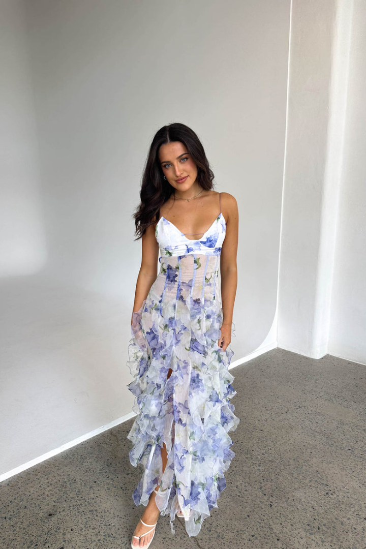 Noemi - Abito maxi di Spalline Espagueti con Stampa floreale