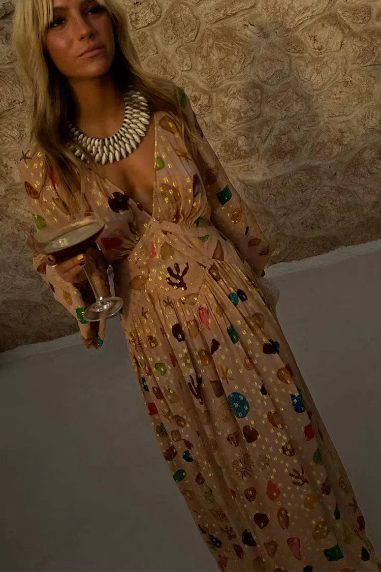 Alessandra - Abito con stampa marino e dettagli dorados