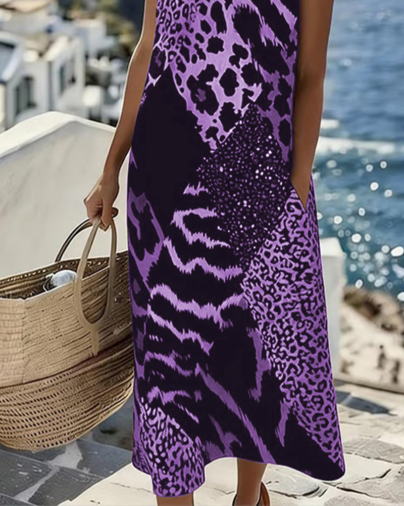 Abito Senza maniche Lunghe di Stampa di Leopardo in Patchwork
