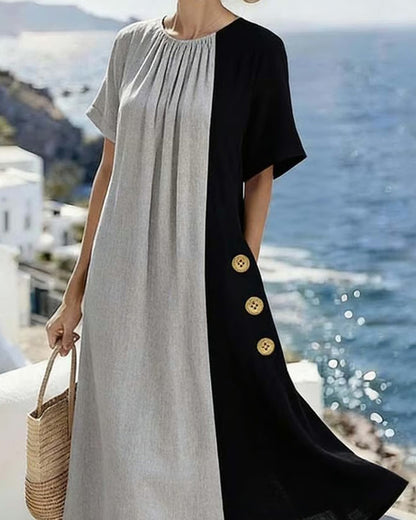 Abito lungo casual con collo rotondo e colore in contrasto